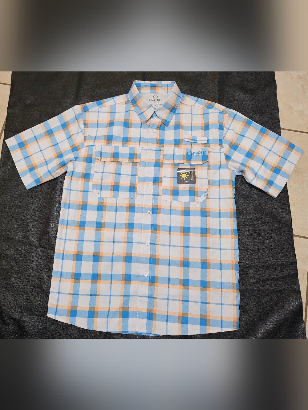 Realtree Men Short Sleeve Fishing Guide Shirt Creekside Plaid Malibu Blue Small